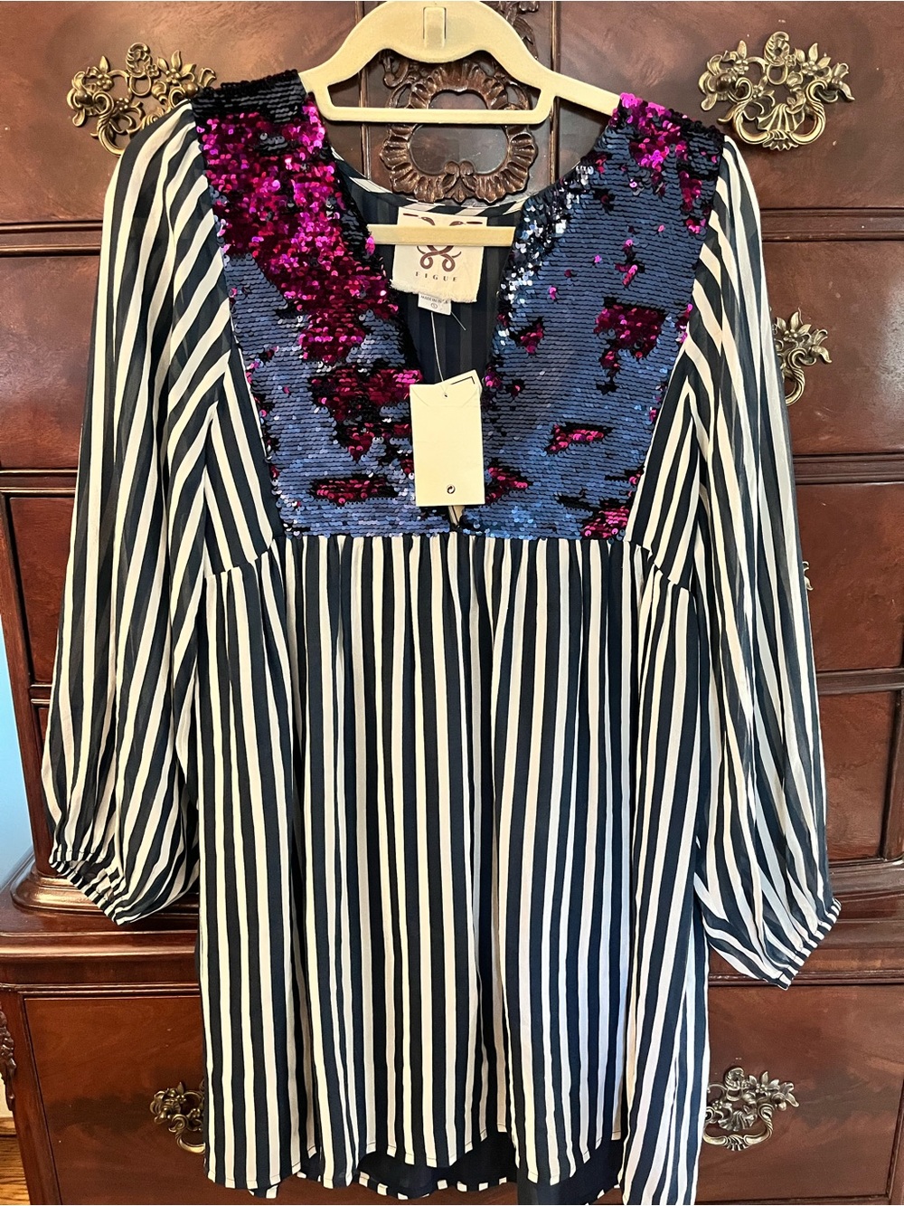 Handmade Silk NWT Figue Navy and White Tunic Dress with Flippy Sequins